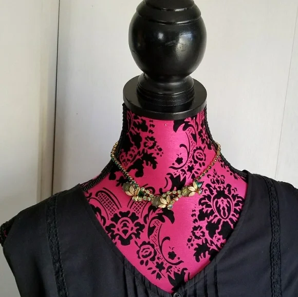 Relisted- Vintage necklace green rhinestones givre rose choker gold leaf leaves - Picture 2 of 8